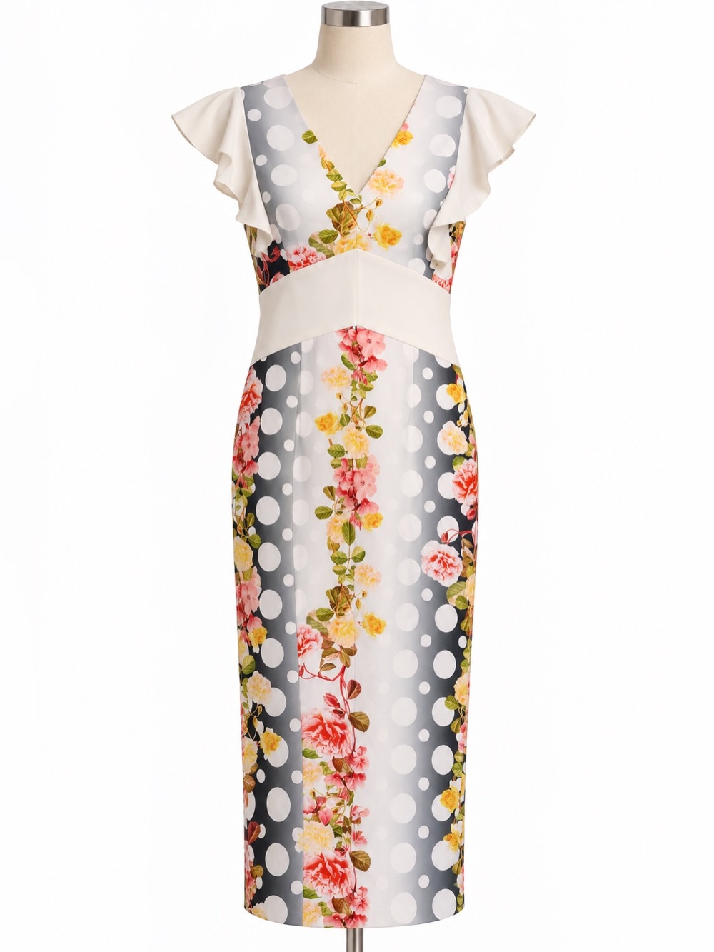 Traffic People Floral Polka Dot Flutter Sleeve Sheath Dress XS